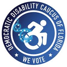 Democratic Disability Caucus of Pinellas Logo. The image includes the standard disability icon, but in an active, forward motion. Beneath it reads the text "We Vote".