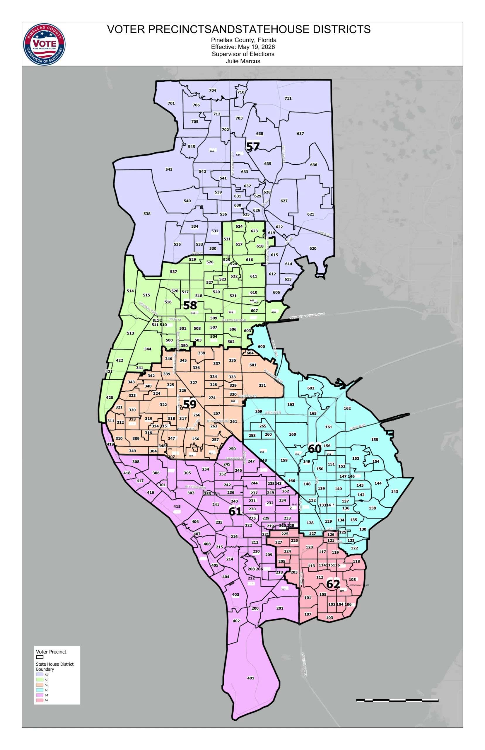 Map of Florida House Districts 57 through 62 in Pinellas County