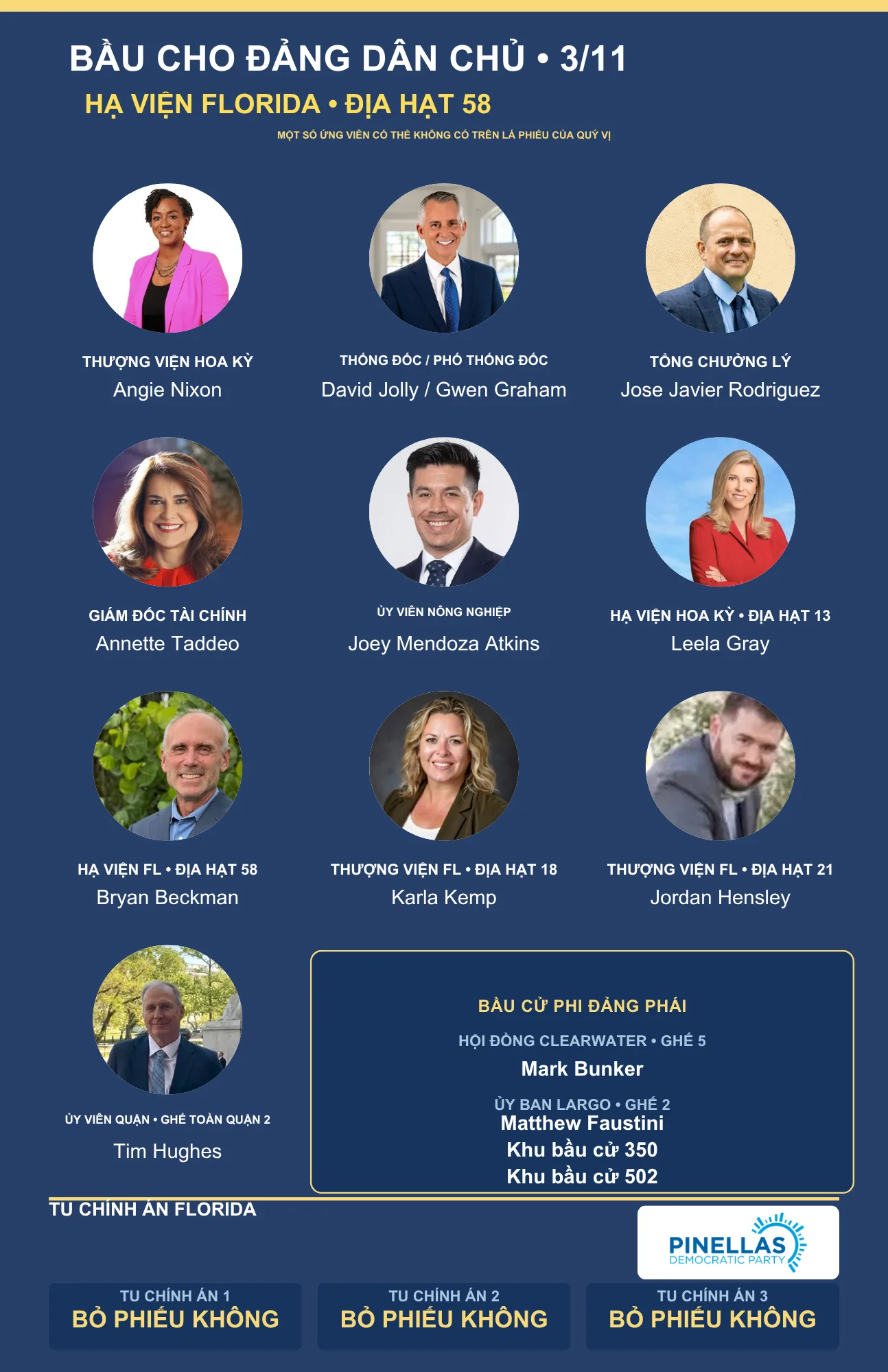 Thẻ hướng dẫn bầu cử Pinellas 2026 bằng tiếng Việt, Hạ viện Florida địa hạt 58, mặt trước