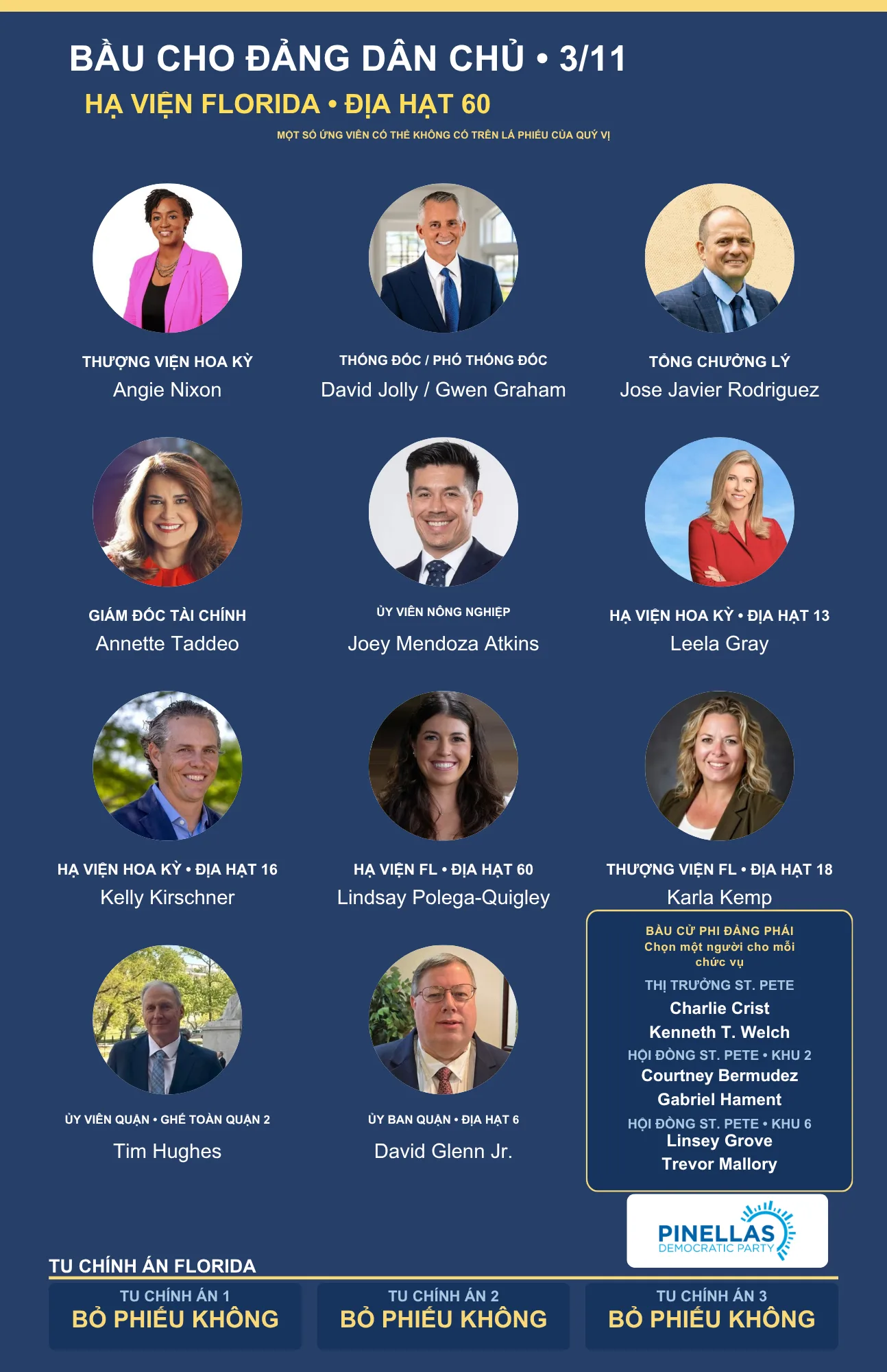Thẻ hướng dẫn bầu cử Pinellas 2026 bằng tiếng Việt, Hạ viện Florida địa hạt 60, mặt trước