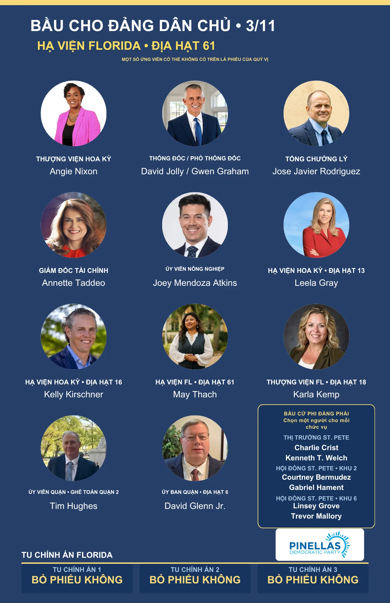 Thẻ hướng dẫn bầu cử Pinellas 2026 bằng tiếng Việt, Hạ viện Florida địa hạt 61, mặt trước