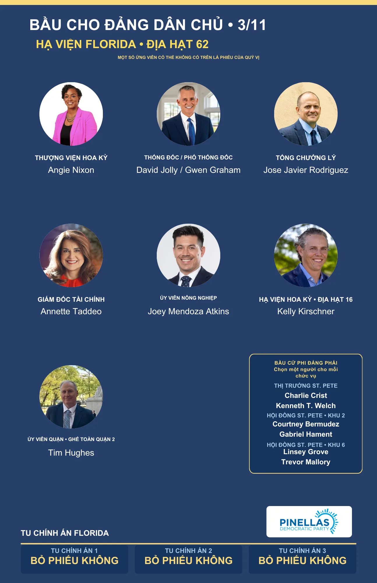 Thẻ hướng dẫn bầu cử Pinellas 2026 bằng tiếng Việt, Hạ viện Florida địa hạt 62, mặt trước