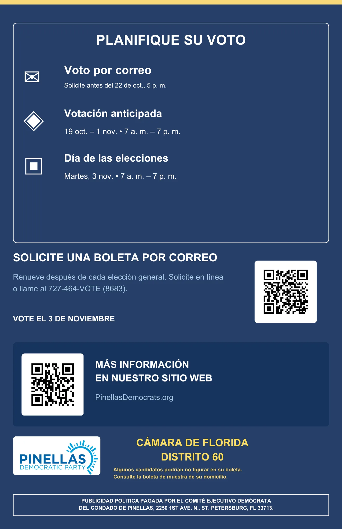 Guía electoral en español, Cámara de Florida, distrito 60, reverso