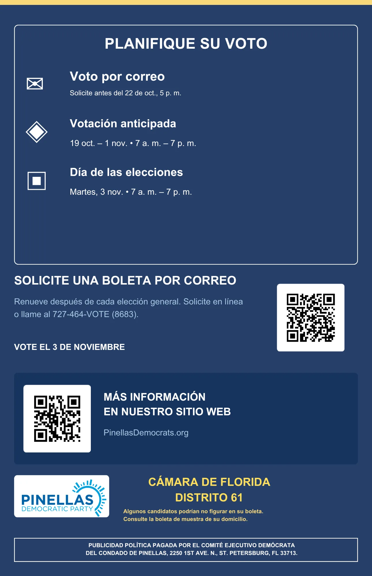 Guía electoral en español, Cámara de Florida, distrito 61, reverso