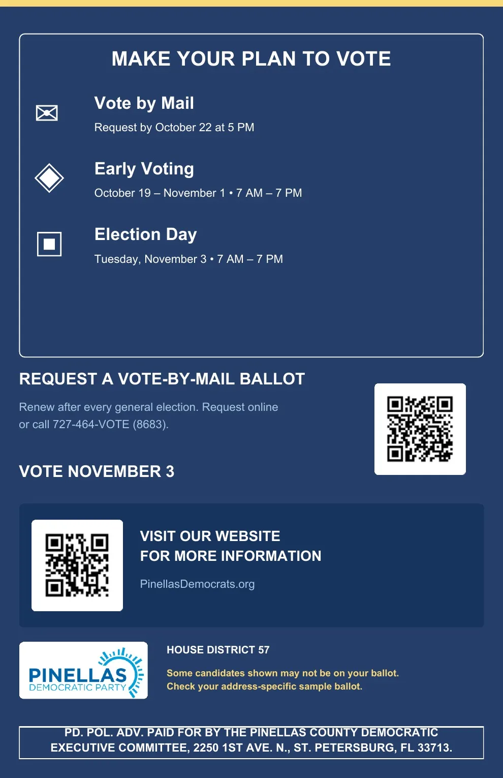 Voting-information back page with mail-ballot, early voting and Election Day details; this copy is labeled House District 57