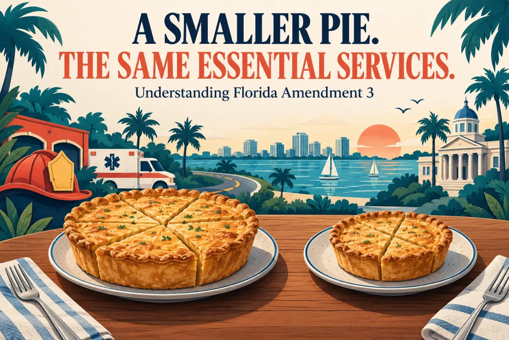Two pies of different sizes beside illustrations of emergency services and a public building. Text: A smaller pie. The same essential services. Understanding Florida Amendment 3.